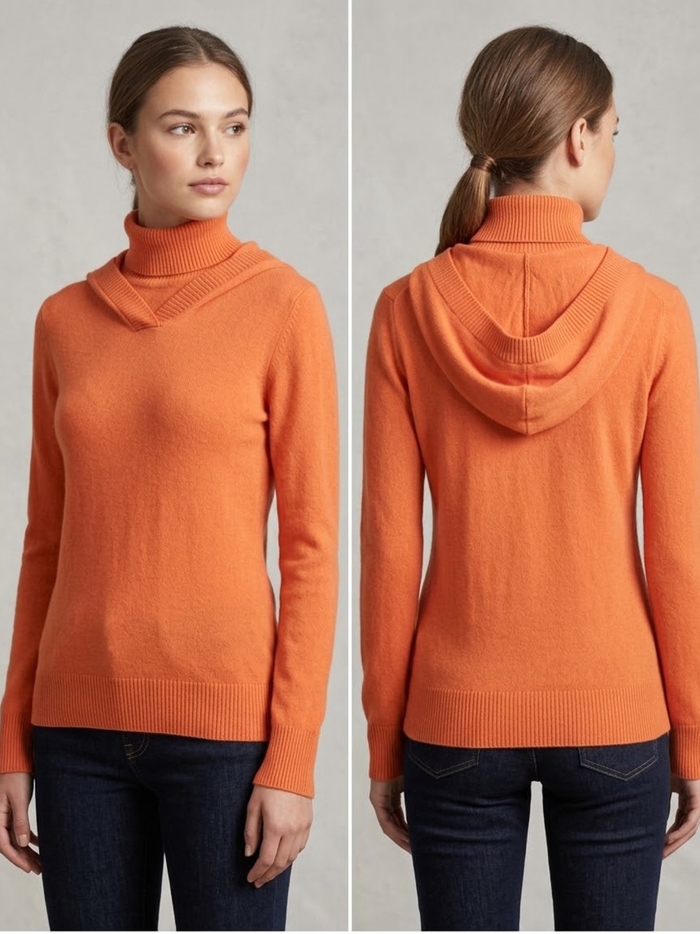 100% Cashmere Orange Hoodie Turtleneck Sweater Women's Size S Knit Hood